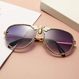 Rhinestones Aviator Bee Accent Gradient Sunglasses