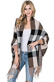FANCY PLAID PATTERN TASSEL PONCHO
