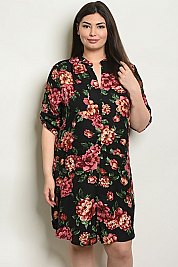 Plus Size Short Sleeve V-neck Floral Tunic Dress - Pack of 6 Pieces