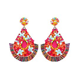 FLOWER DROP AND TASSELS BEADED EARRING