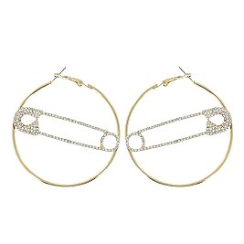 UNIQUE PAVED SAFETY PIN ACCENT CRYSTAL HOOP EARRINGS