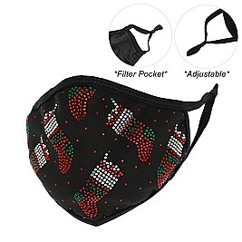FESTIVE CHRISTMAS BLING MASK W/ FILTER POCKET & ADJUSTABLE ELASTIC EAR STRAP
