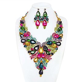 COLORED CRYSTAL TEARDROP STATEMENT NECKLACE SET
