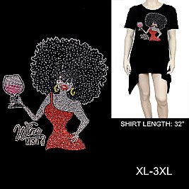 "WINE NOT?" AFRO QUEEN RHINESTONE Short-Sleeved SHIRT