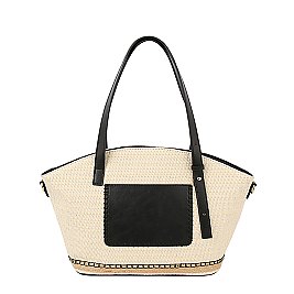 Straw Frong Pocket Satchel Tote Bag