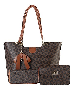 3 in 1 Monogram Tasseled Handbag Wallet Set