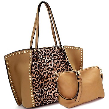 Leopard Print Stud Accent 2 in 1 Shopper Tote