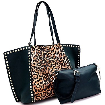 Leopard Print Stud Accent 2 in 1 Shopper Tote