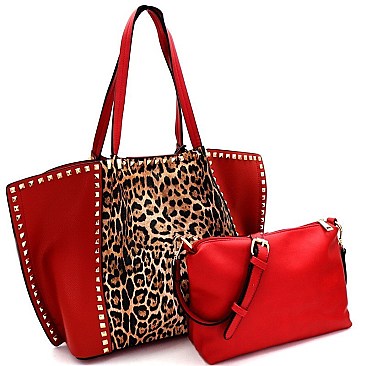Leopard Print Stud Accent 2 in 1 Shopper Tote