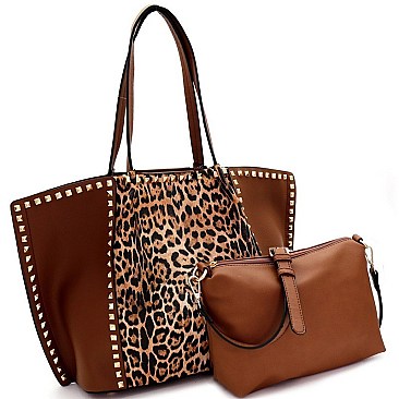Leopard Print Stud Accent 2 in 1 Shopper Tote