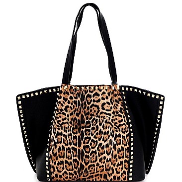 Leopard Print Stud Accent 2 in 1 Shopper Tote