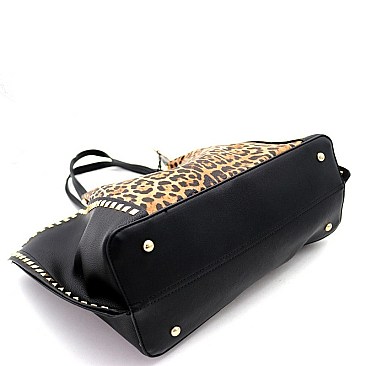 Leopard Print Stud Accent 2 in 1 Shopper Tote