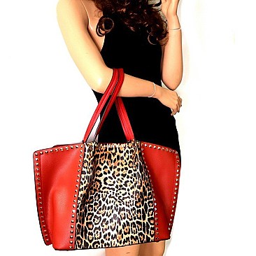 Leopard Print Stud Accent 2 in 1 Shopper Tote
