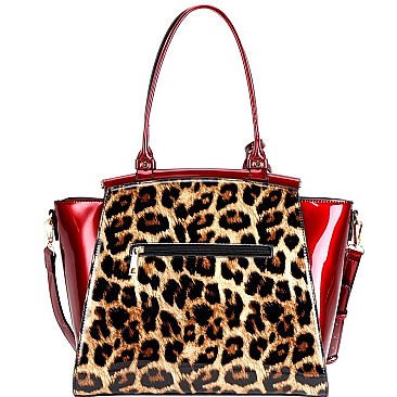 2-Way Leopard Print 2 in 1 Patent Wing Satchel Wristlet SET