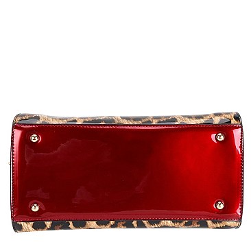 2-Way Leopard Print 2 in 1 Patent Wing Satchel Wristlet SET