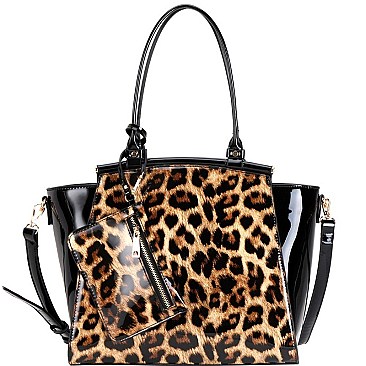 2-Way Leopard Print 2 in 1 Patent Wing Satchel Wristlet SET