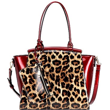 2-Way Leopard Print 2 in 1 Patent Wing Satchel Wristlet SET