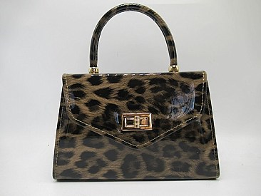 Medium 2-Way Leopard Print Patent Turn-Lock Satchel
