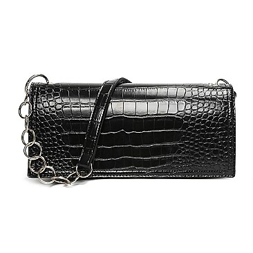 Long Crocodile Skin Cross-Body Shoulder Bag