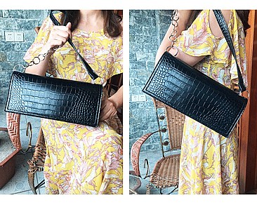 Long Crocodile Skin Cross-Body Shoulder Bag
