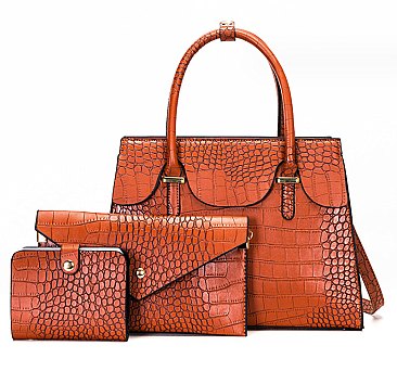 3 IN 1 Crocodile Pattern Satchel Clutch Set & Wallet