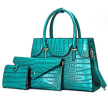 3 IN 1 Crocodile Pattern Satchel Clutch Set & Wallet