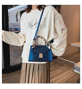 CROCODILE PRINT BUCKLED SCARFED CROSSBODY BAG