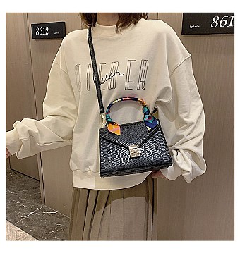 CROCODILE PRINT BUCKLED SCARFED CROSSBODY BAG