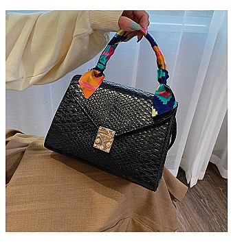 CROCODILE PRINT BUCKLED SCARFED CROSSBODY BAG