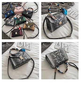 CROCODILE PRINT BUCKLED SCARFED CROSSBODY BAG