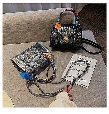 CROCODILE PRINT BUCKLED SCARFED CROSSBODY BAG
