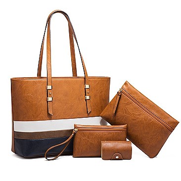 4 in 1 Trendy Striped Front Tote Bag & Clutch Set
