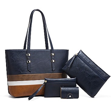4 in 1 Trendy Striped Front Tote Bag & Clutch Set
