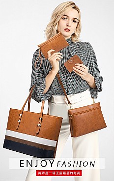 4 in 1 Trendy Striped Front Tote Bag & Clutch Set