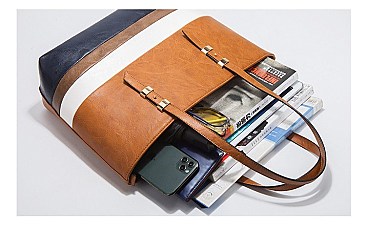 4 in 1 Trendy Striped Front Tote Bag & Clutch Set