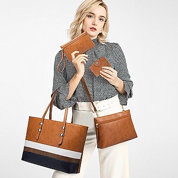 4 in 1 Trendy Striped Front Tote Bag & Clutch Set