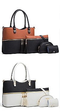 4 In 1 Stylish Two Tone Tote Bag & Clutch Set