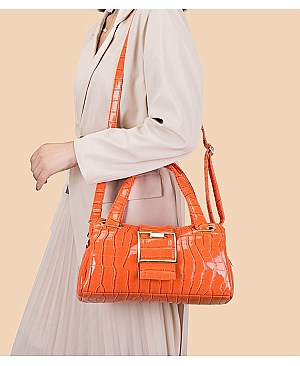 CROCODILE PRINT SMOOTH LEATHER TURN LOCK SATCHEL