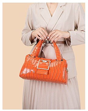 CROCODILE PRINT SMOOTH LEATHER TURN LOCK SATCHEL