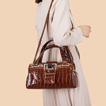 CROCODILE PRINT SMOOTH LEATHER TURN LOCK SATCHEL