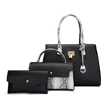 3 IN 1 TEXTURED LEATHER SATCHEL ANIMAL PRINT CLUTCH SET