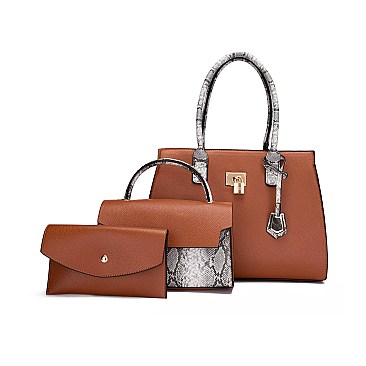 3 IN 1 TEXTURED LEATHER SATCHEL ANIMAL PRINT CLUTCH SET