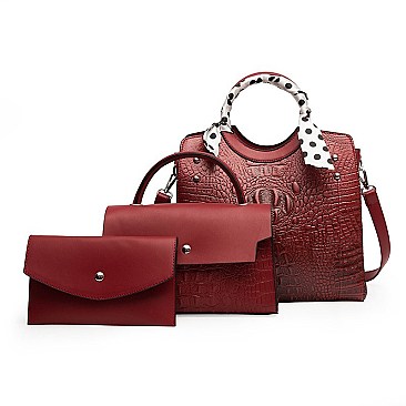 3 IN 1 CROCODILE SCARFED ROUND HANDLE SATCHEL SET