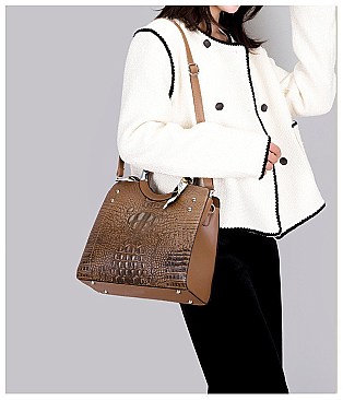 3 IN 1 CROCODILE SCARFED ROUND HANDLE SATCHEL SET