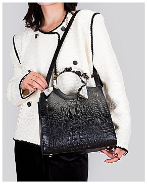3 IN 1 CROCODILE SCARFED ROUND HANDLE SATCHEL SET