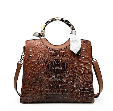 3 IN 1 CROCODILE SCARFED ROUND HANDLE SATCHEL SET