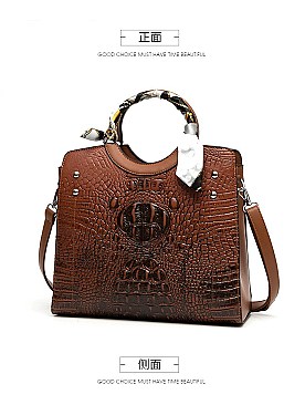 3 IN 1 CROCODILE SCARFED ROUND HANDLE SATCHEL SET