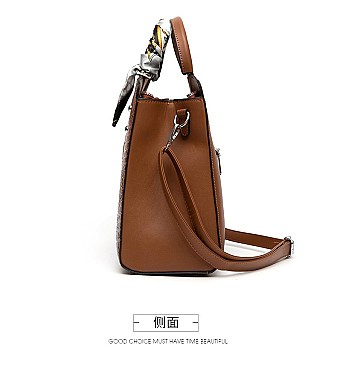 3 IN 1 CROCODILE SCARFED ROUND HANDLE SATCHEL SET