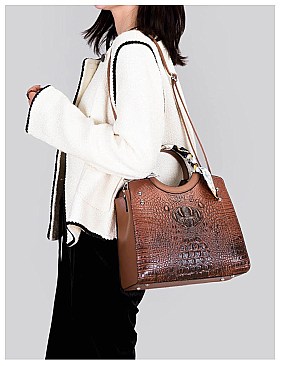 3 IN 1 CROCODILE SCARFED ROUND HANDLE SATCHEL SET