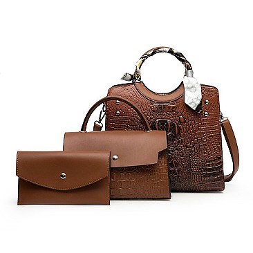 3 IN 1 CROCODILE SCARFED ROUND HANDLE SATCHEL SET